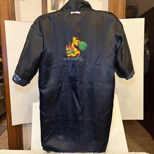 Vintage Lanna Pine Thai Silk Robe Kimono Embroidered Dragon Blue Colorful Sz XXL